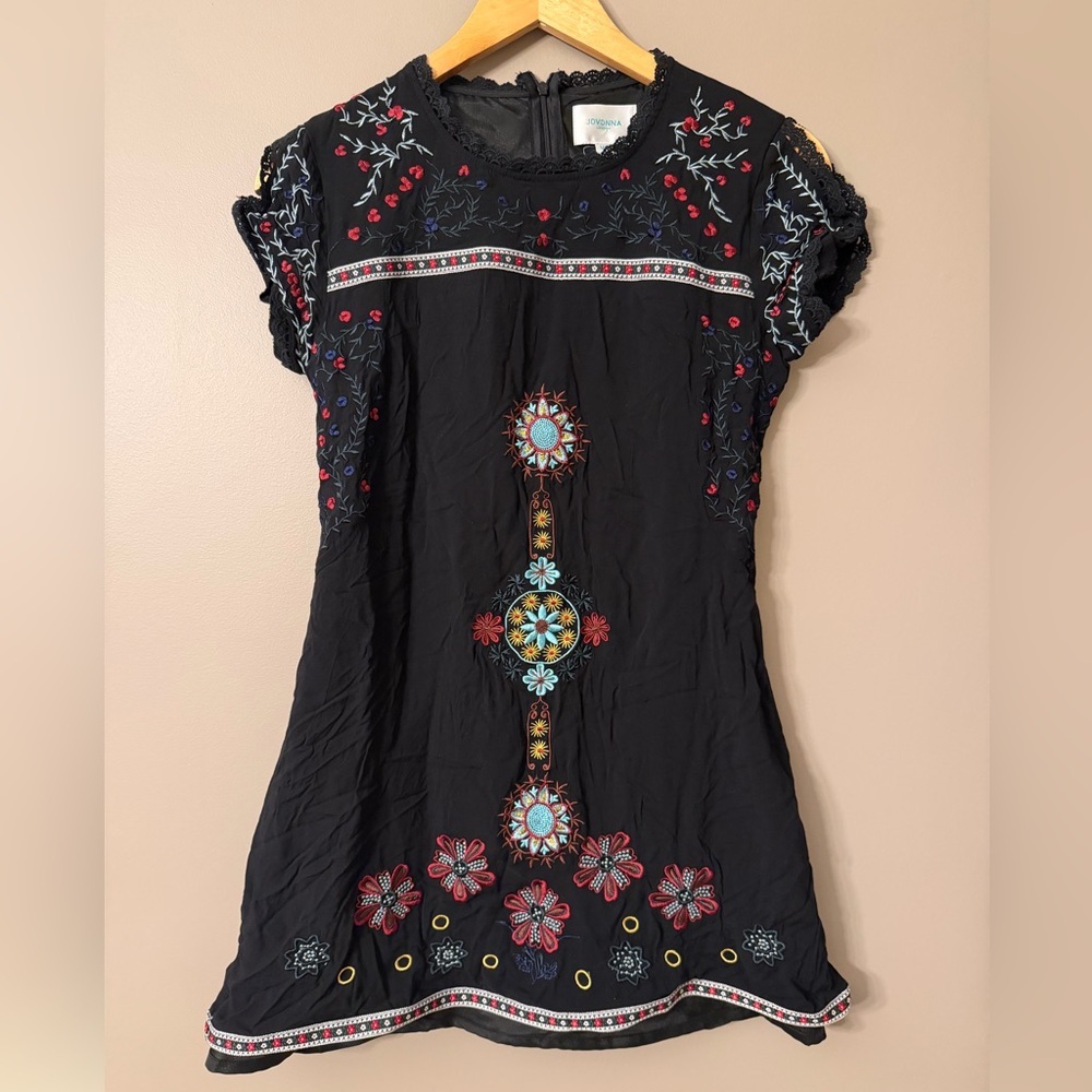Jovonna London Black Embroidered Cottagecore Floral Tunic Mini Dress Sz 4